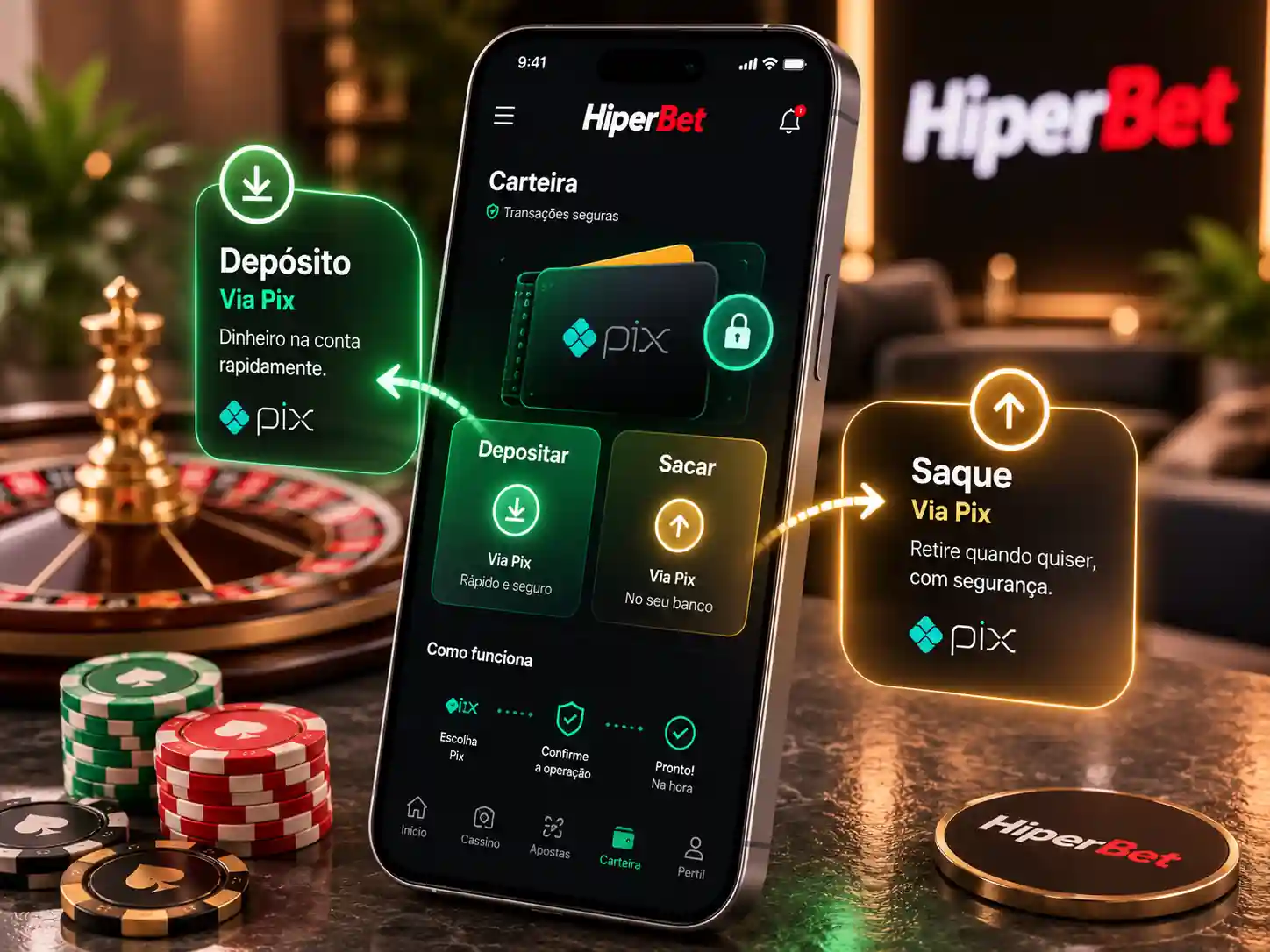 Carteira do app Hiperbet com depósito e saque via Pix