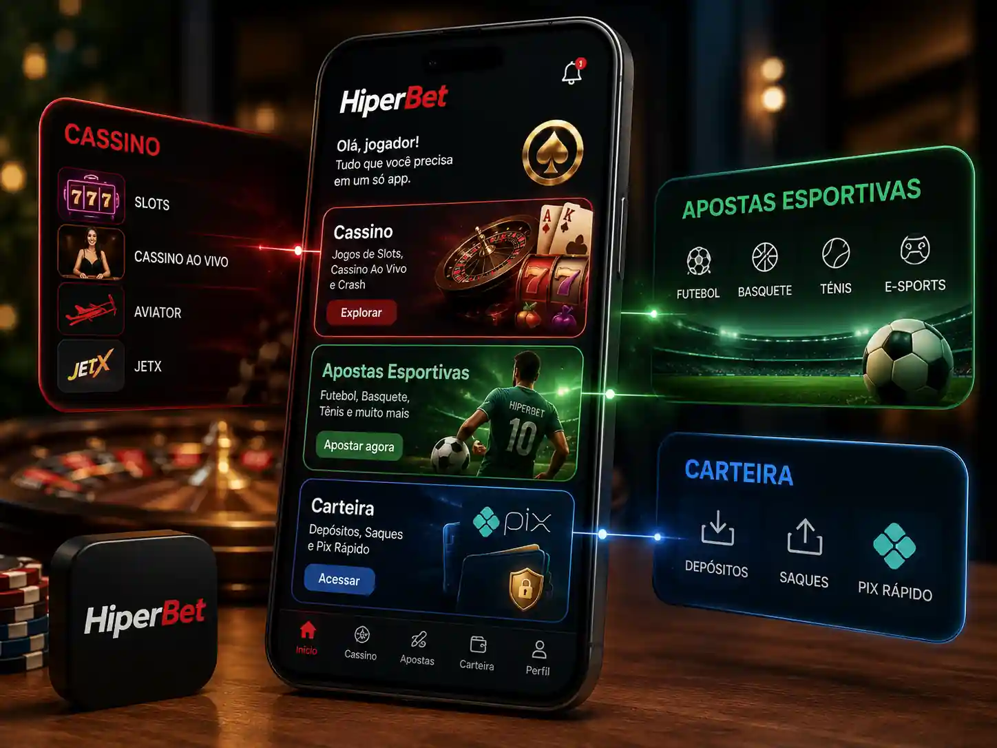 App Hiperbet no celular com acesso ao cassino e às apostas esportivas