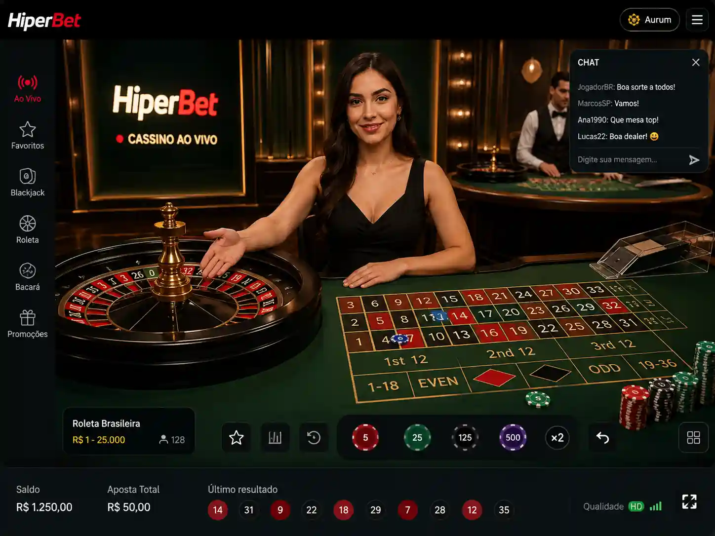 Mesas de cassino ao vivo da Hiperbet com crupiê real